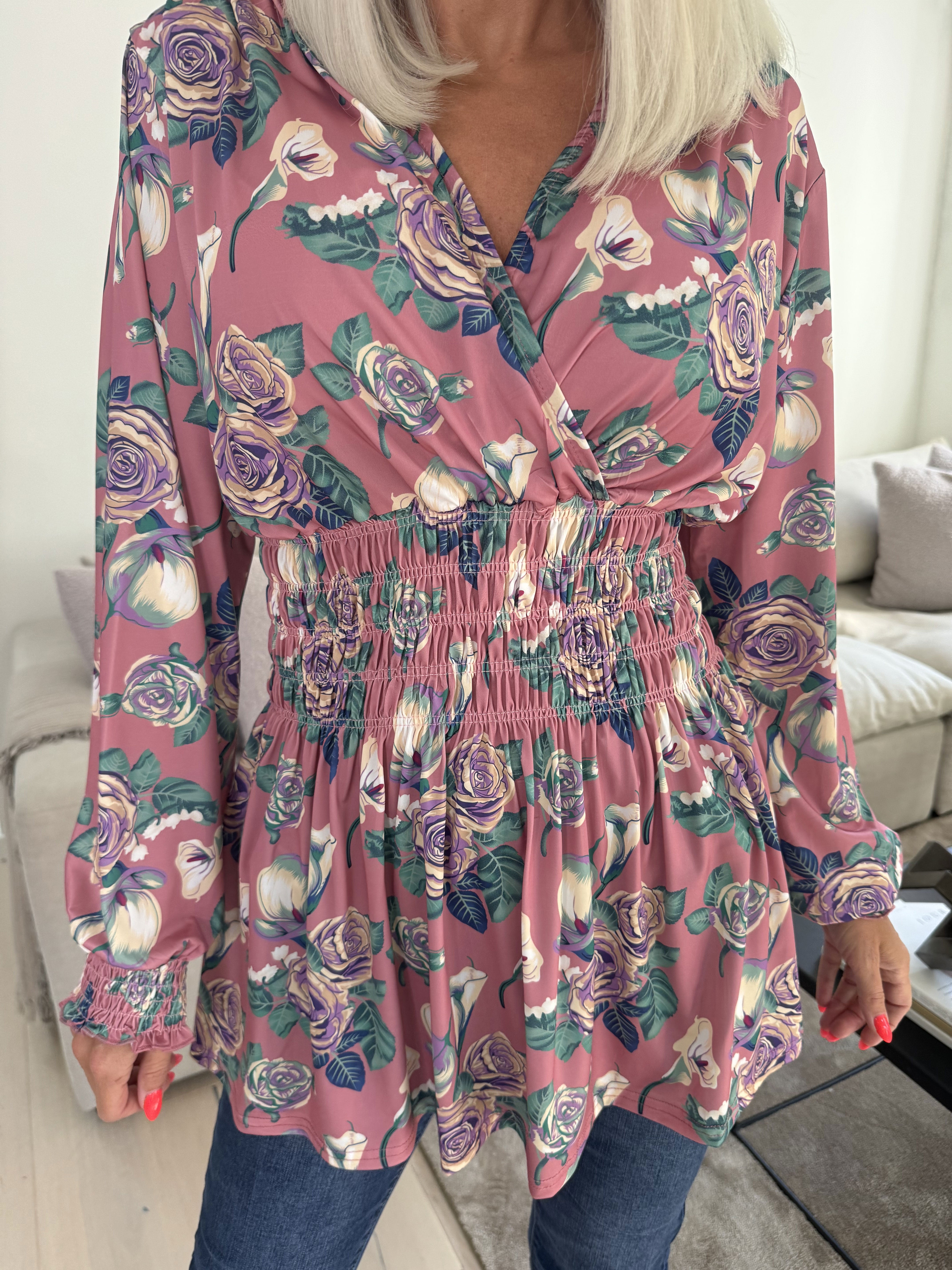 Pams Rose Shirt L/S - Elastisk bluse i krølfrit stof med roser